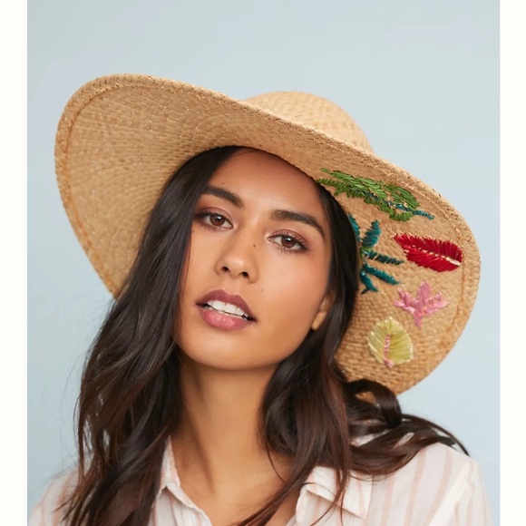 Anthropolgie Straw Hat Embroidered Sun Hat Mother Nature Floppy OS Resort Summer - Picture 2 of 10